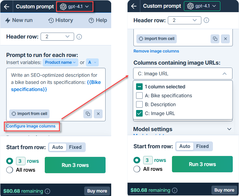 Configure image columns