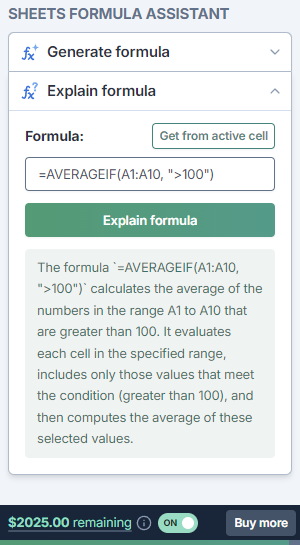 Formula assistant explanation demo for Sheets