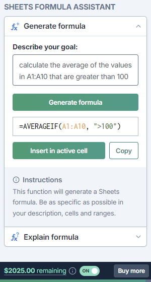 Formula assistant generation demo for Sheets