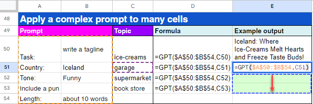 Type '=GPT($A$50,$B$54)' in cell E51 then drag the cell over E52 to E53