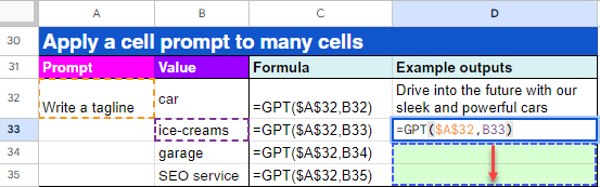 Type '=GPT($A$32,B33)' in cell D33 then drag the cell over D34 to D35