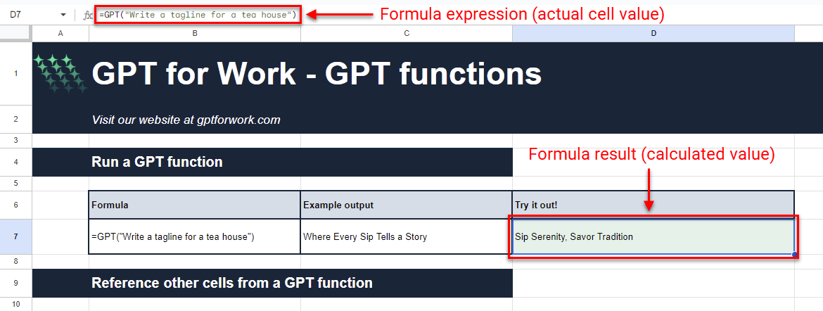 Calculated value and actual value of a GPT formula cell