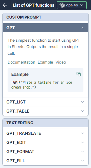 List of GPT functions