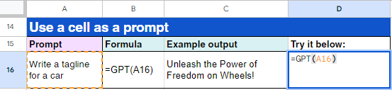 Type '=GPT(A16)' in cell D16