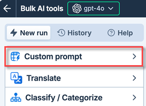 Custom prompt bulk AI tool in the sidebar