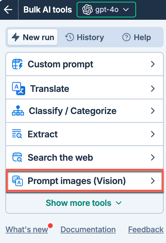 Prompt images (Vision) bulk AI tool in the sidebar
