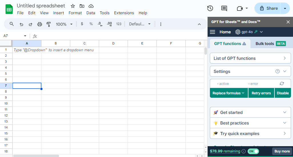 Spreadsheet with GPT for Sheets sidebar