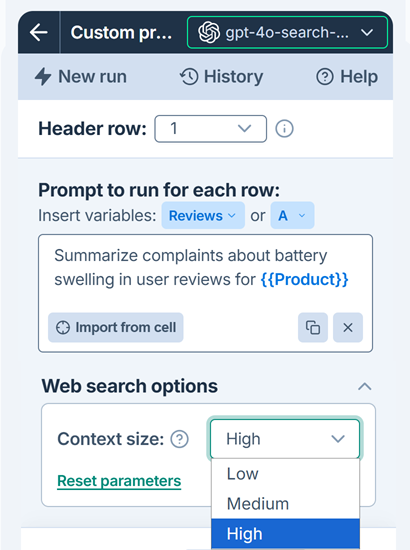 Configure OpenAI GPT-4o Search context size option