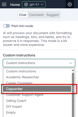 Select custom instructions template