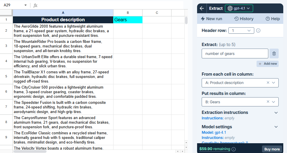 Configuration of the Extract bulk AI tool
