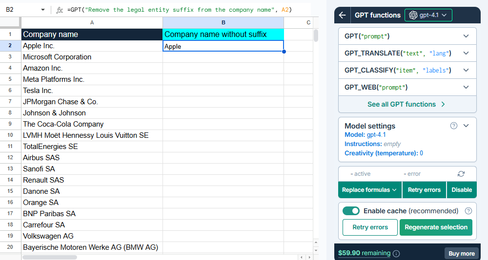 GPT formula in cell B2