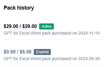 Pack history section