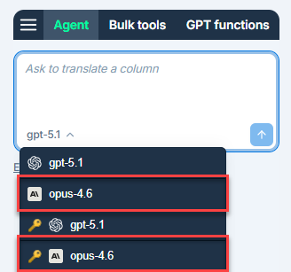 Agent model switcher in GPT for Sheets and Excel with Opus 4.6