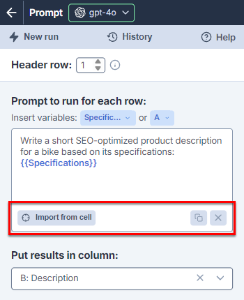 New text input controls in the Custom prompt bulk AI tool