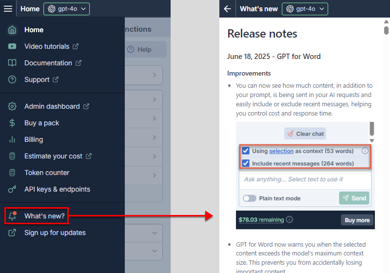 Release notes inside the add-on