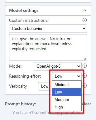 Reasoning effort in GPT-5 model settings