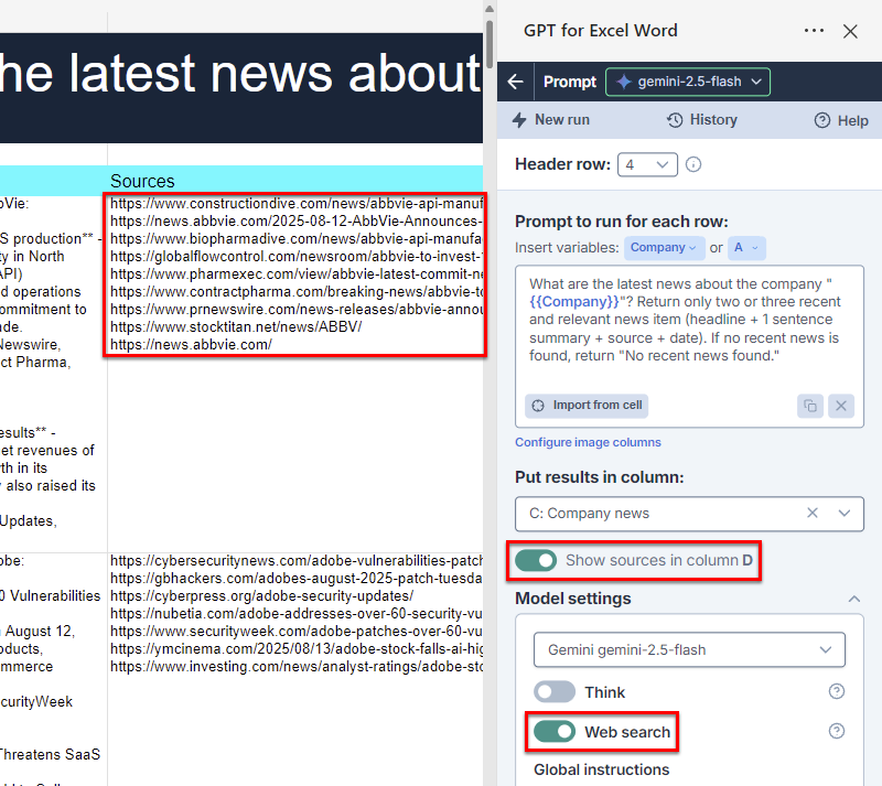 Direct source URLs with a Google Gemini 2.5 model