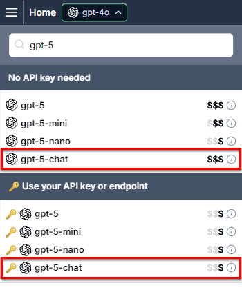 OpenAI GPT-5 Chat in the model switcher