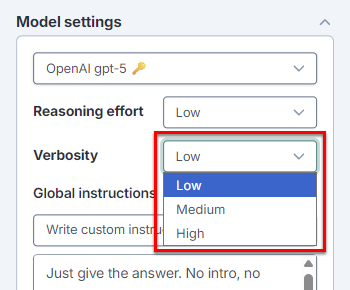 Verbosity in GPT-5 model settings