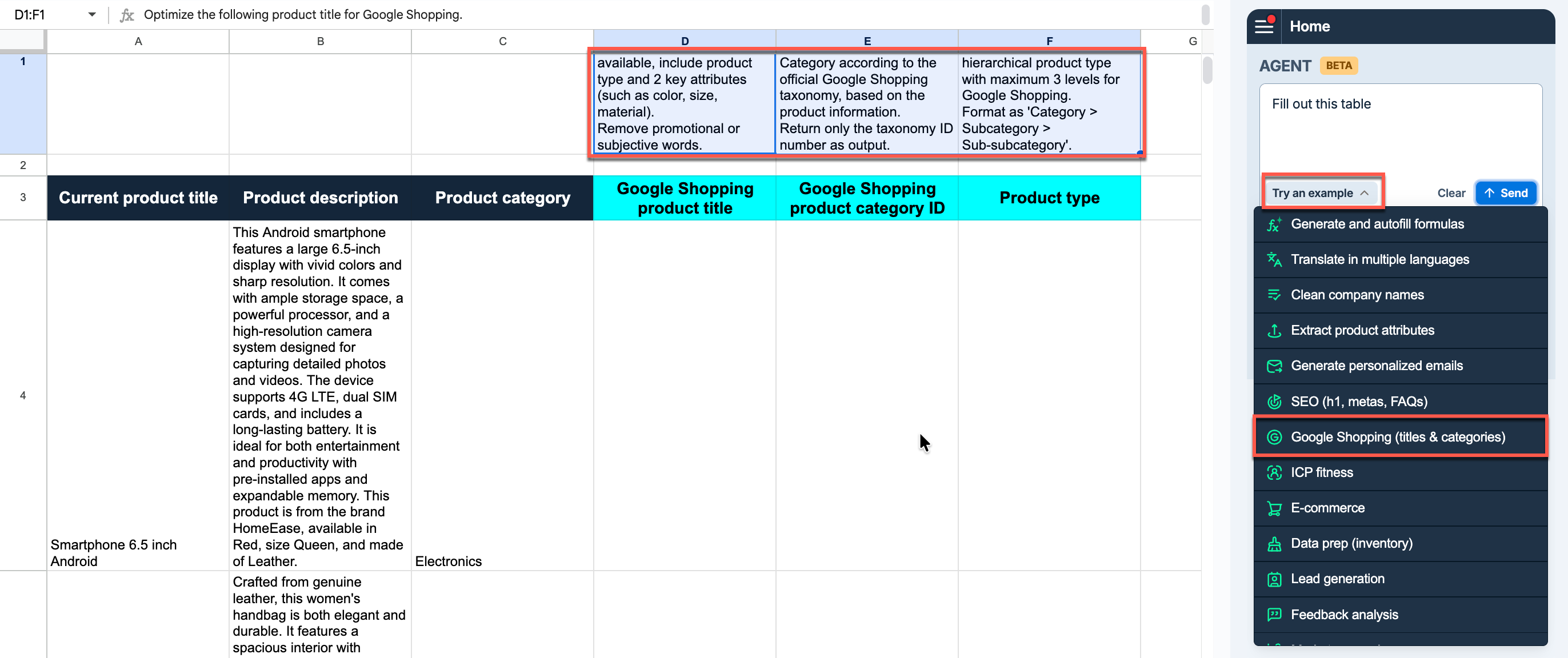 Agent example for Google Shopping (titles & categories)