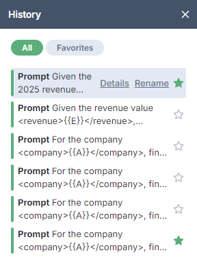 Bulk tool history options for favorites, details, and renaming