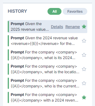 Bulk tool history options for favorites, details, and renaming in GPT for Sheets