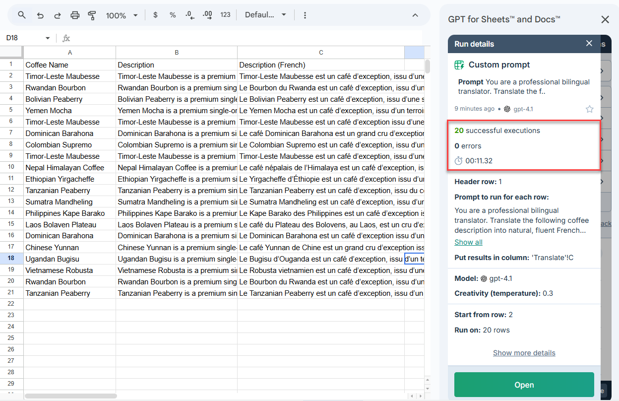 Agent-run tool stats in bulk tool history in GPT for Sheets
