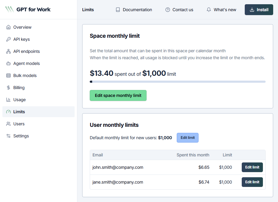 Setting monthly spending limits for a space in the GPT for Work dashboard