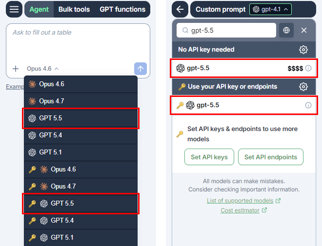 GPT-5.5 in the Agent model switcher and bulk tools model switcher in GPT for Excel
