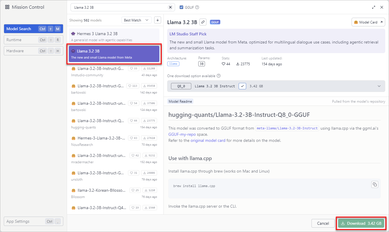 Selecting a model to download in LM Studio