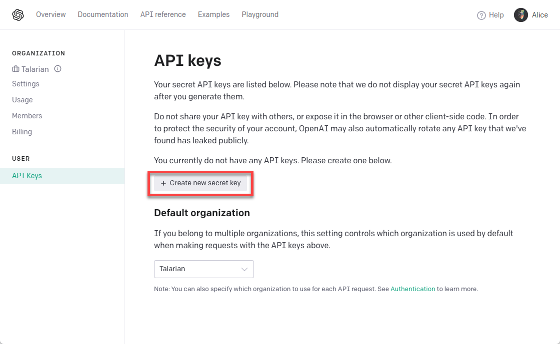 In the API Keys window, use the Create new secret key button