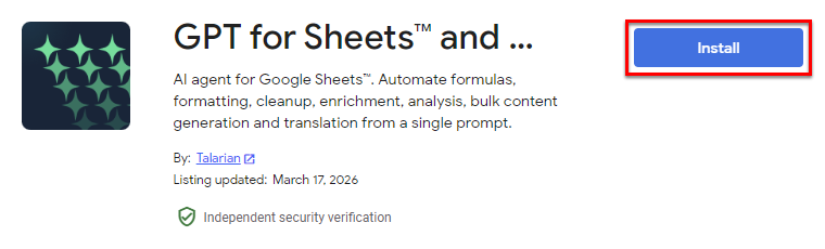 Install GPT for Sheets and Docs from the Google Workspace Marketplace