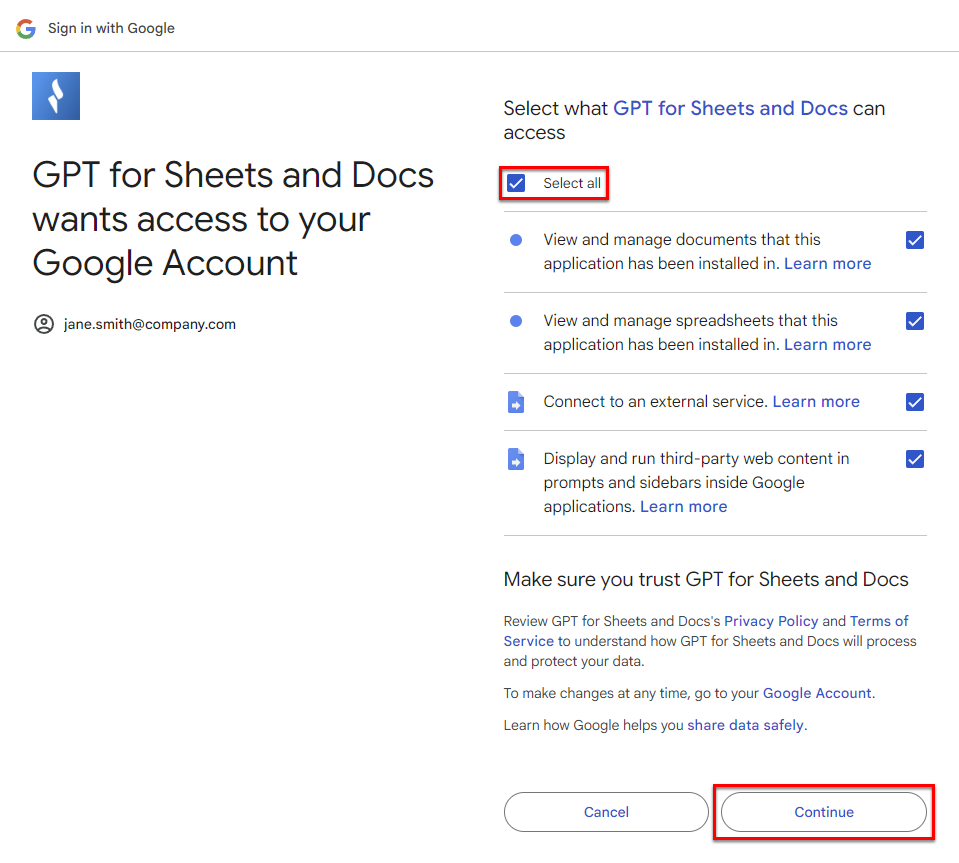 Grant GPT for Sheets and Docs the required permissions