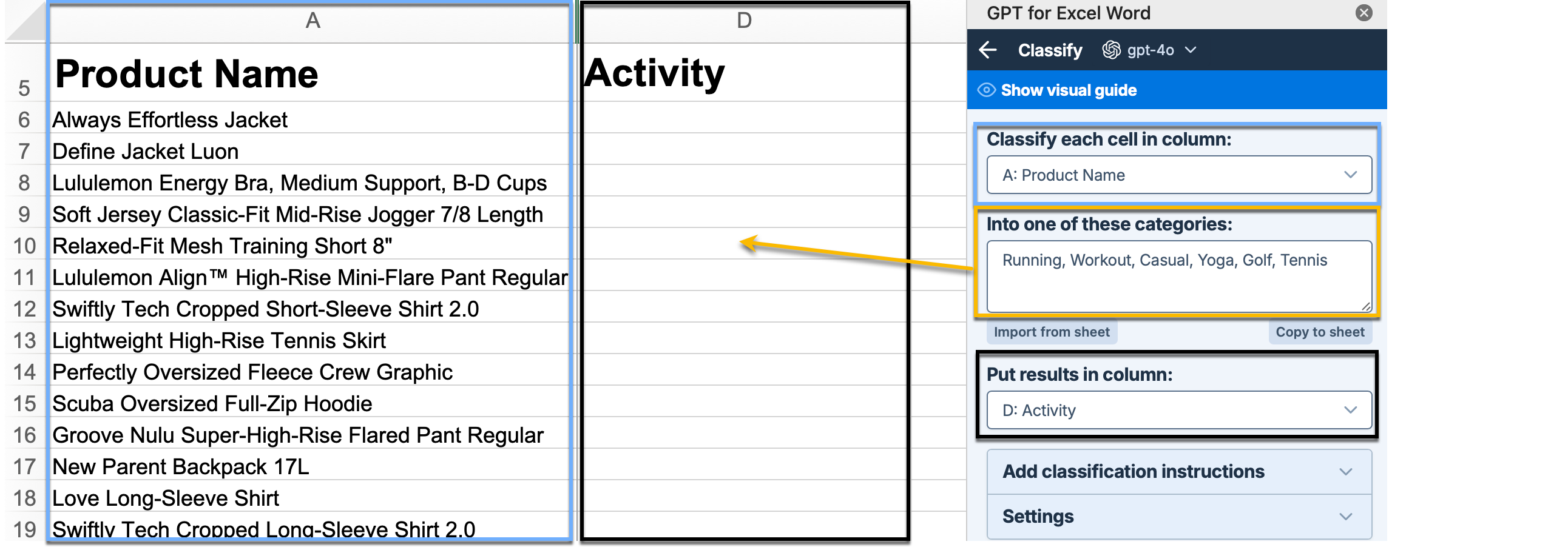 The image highlights three main steps: selecting a column to classify, entering desired categories separated by commas, and choosing a column to put the results in.