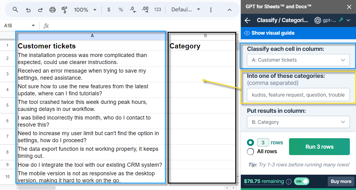 The image highlights three main steps: selecting a column to classify, entering desired categories separated by commas, and choosing a column to put the results in.