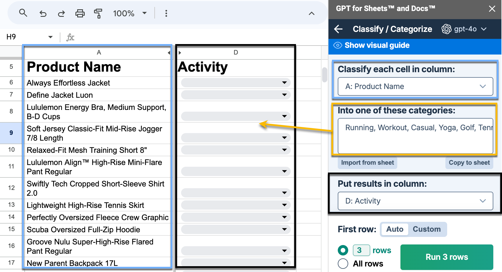 The image highlights three main steps: selecting a column to classify, entering desired categories separated by commas, and choosing a column to put the results in.