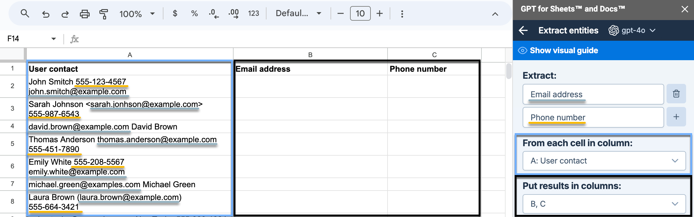 The image shows steps to configure the extract tool