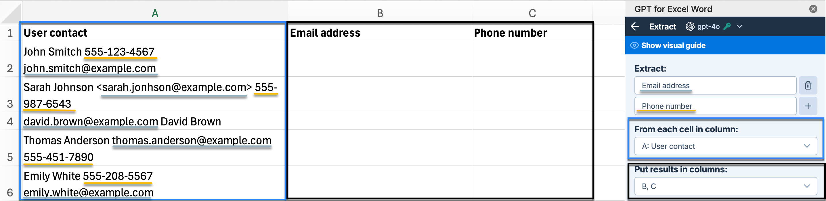 The image shows steps to configure the extract tool