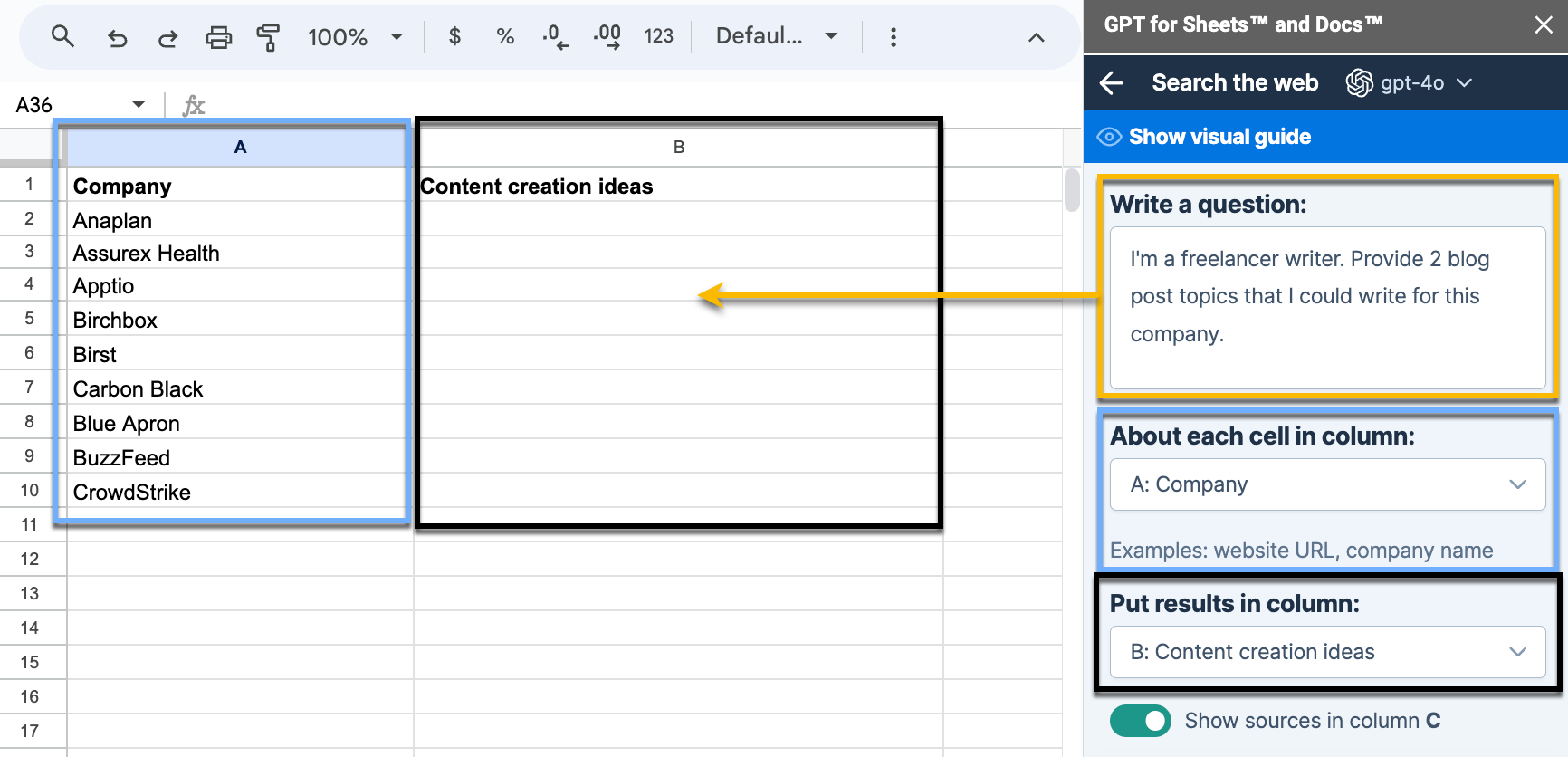 The image shows how to enter a prompt, select a relevant column for the prompt, and choose a column to put the results in