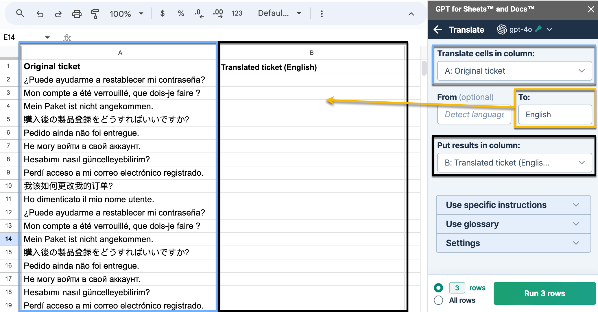 The image shows steps to select a column to translate, optionally set or auto-detect the source language, specify the target language, and choose a results column.