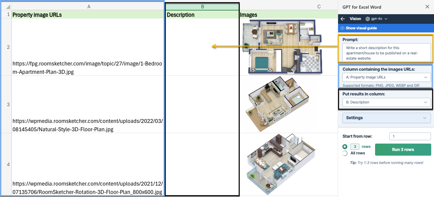 The image shows steps to select a column with image data, enter a prompt, and choose a results column.