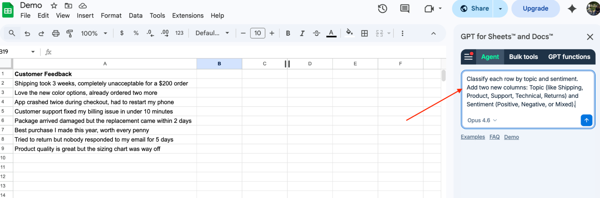 GPT for Work agent actions in Excel and Sheets