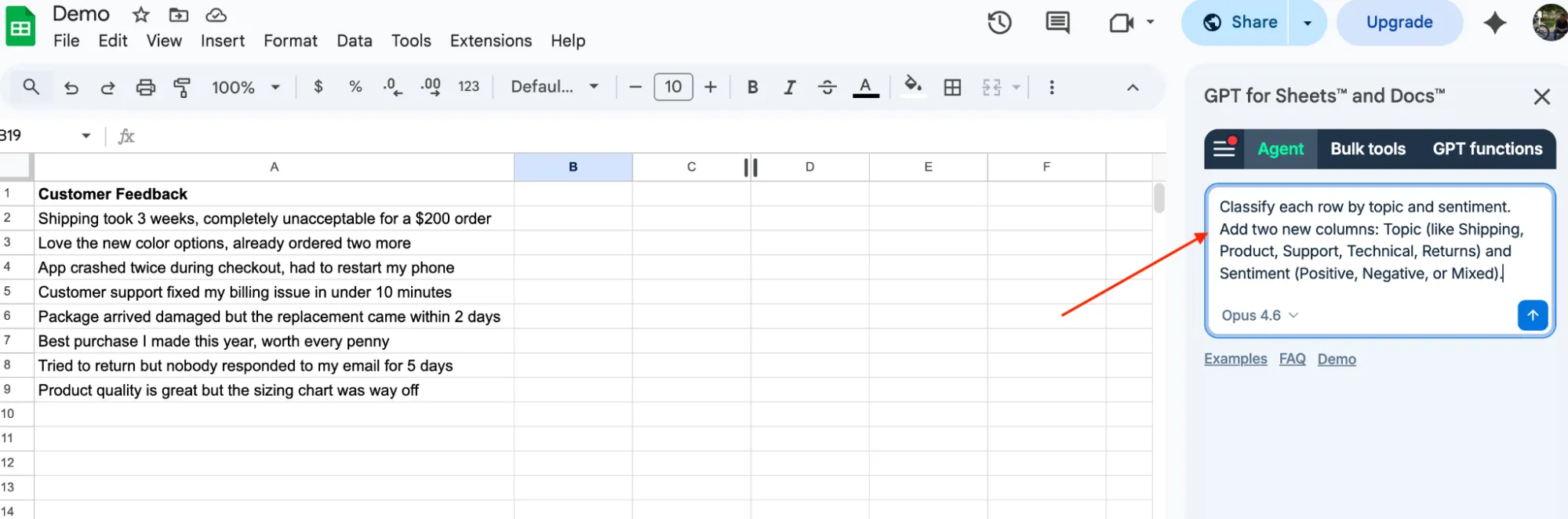 GPT for Work agent actions in Excel and Sheets