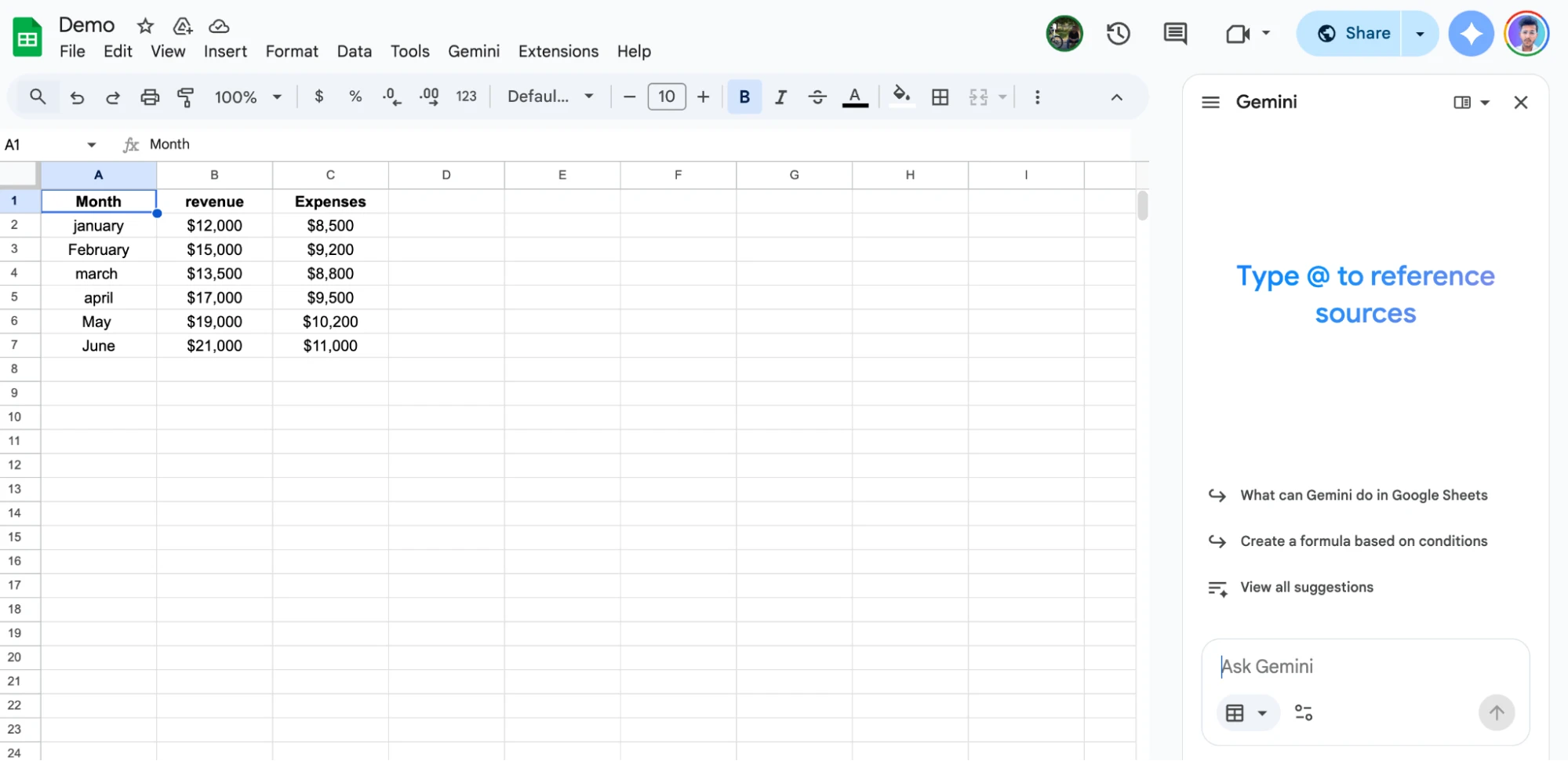 Gemini AI side panel inside Google Sheets