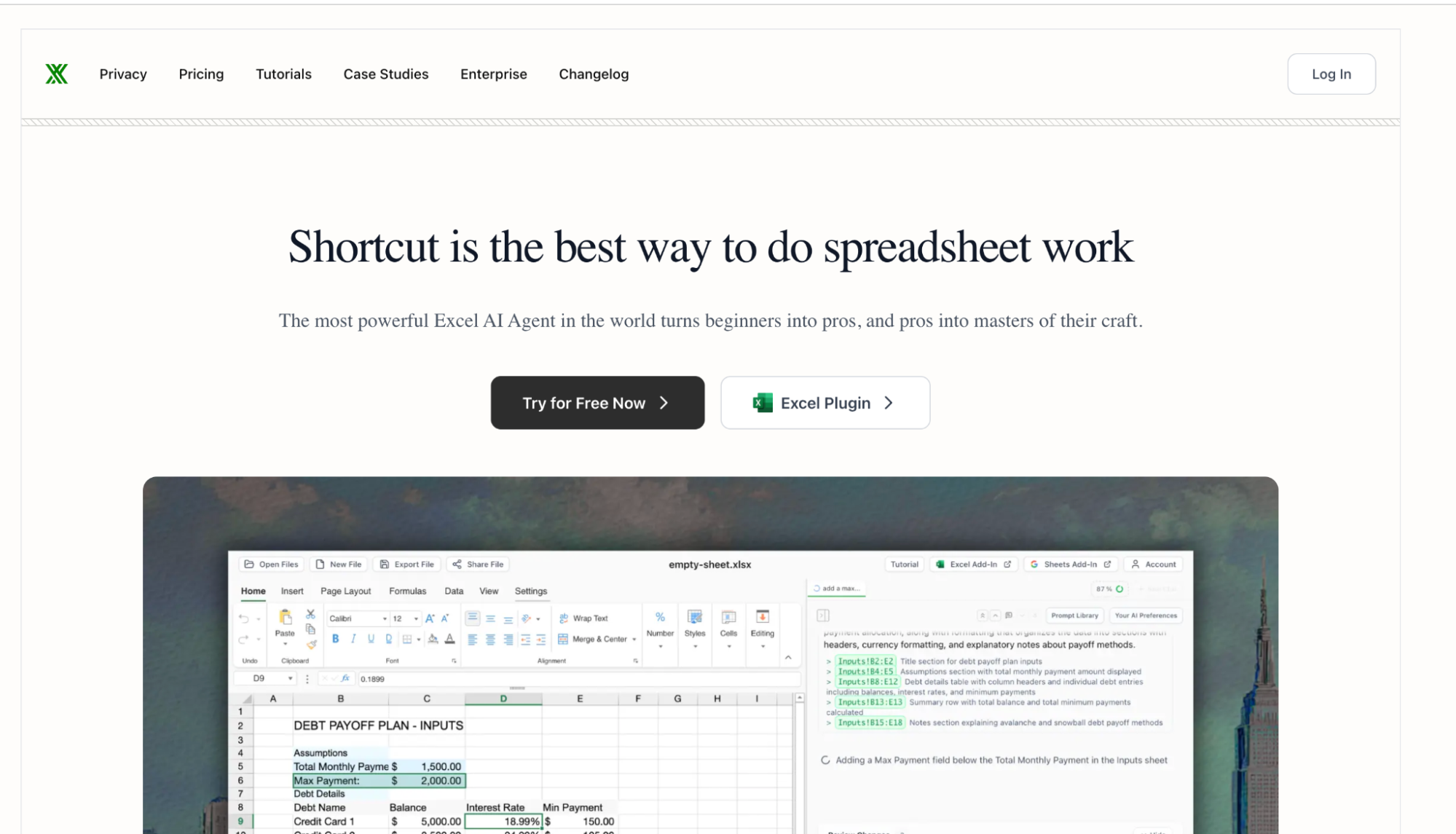 Shortcut AI agent for Excel