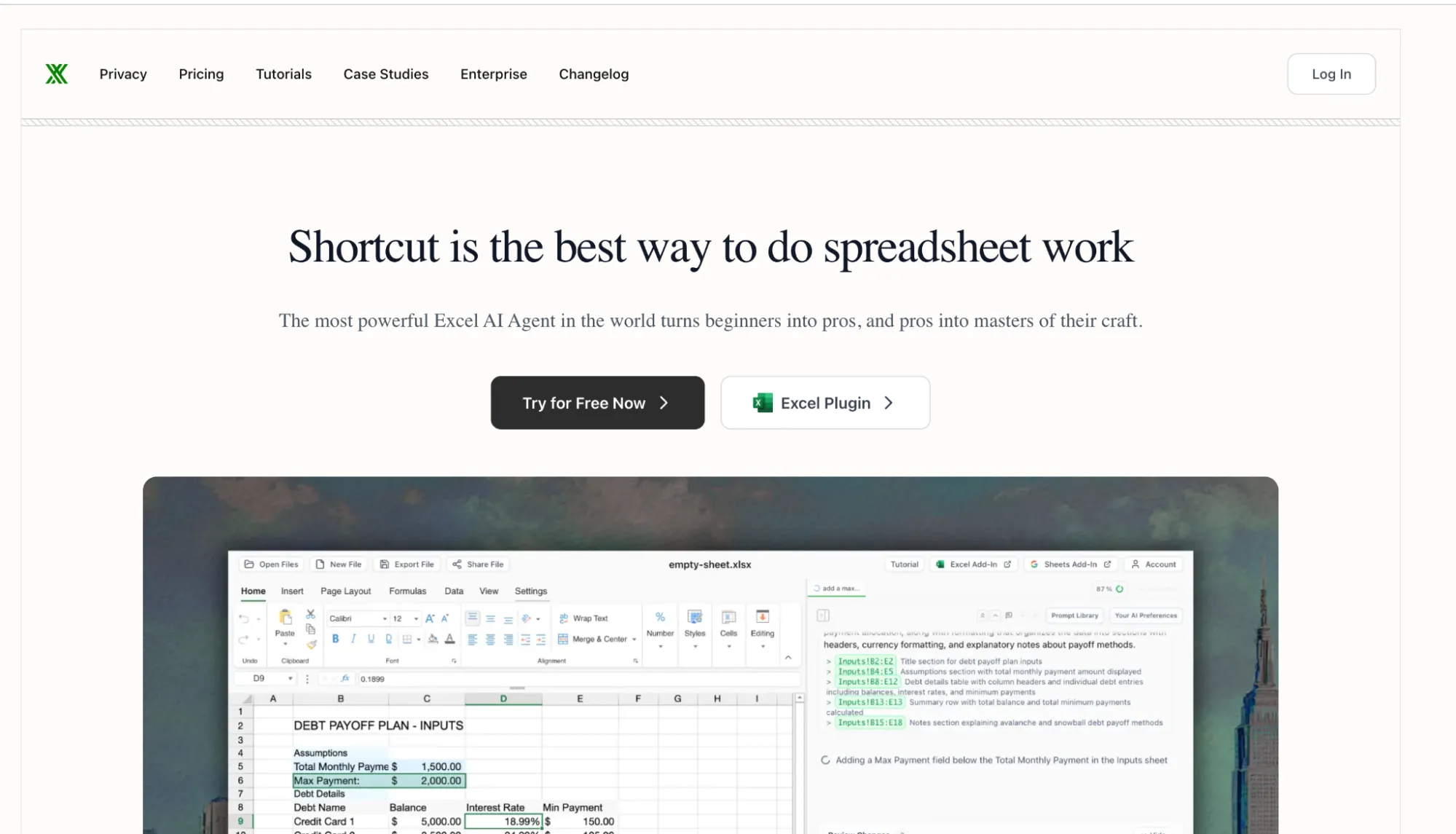 Shortcut AI agent for Excel