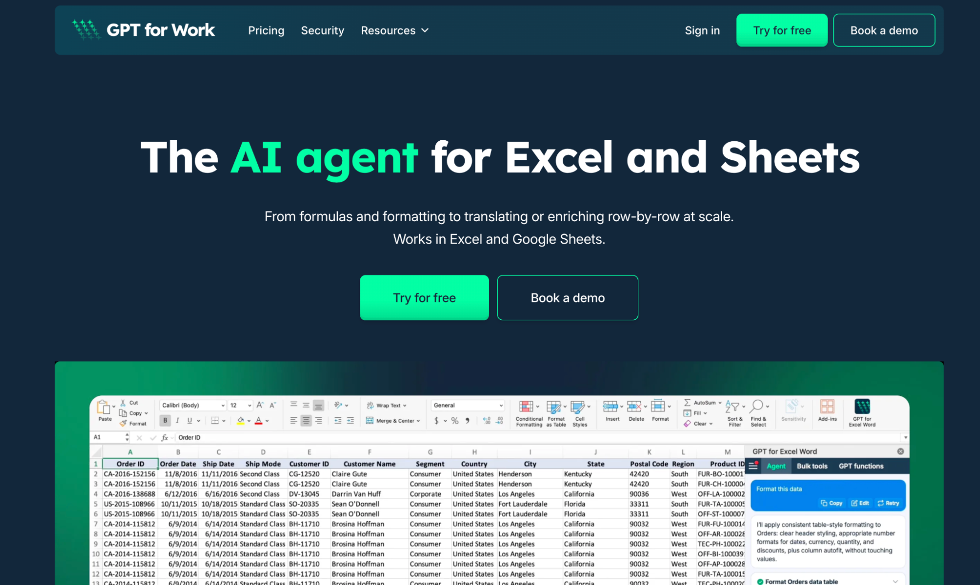 GPT for Work AI agent in a spreadsheet for statistical analysis