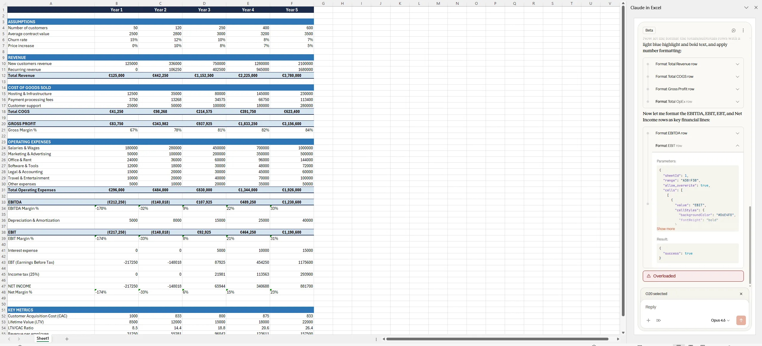 Claude in Excel Spreadsheet formatting results