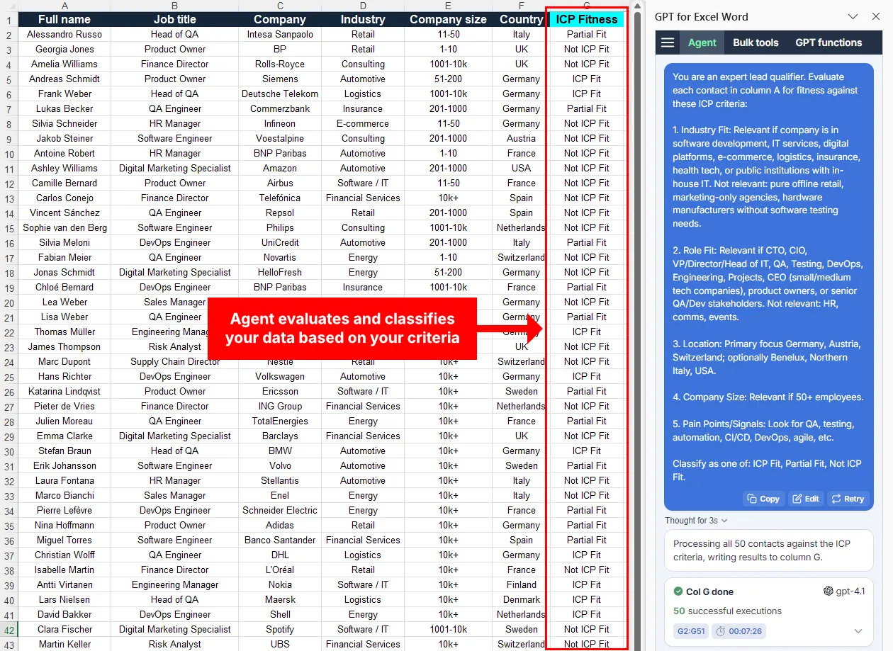 Agent evaluates and classifies spreadsheet data based on specific criteria in Microsoft Excel