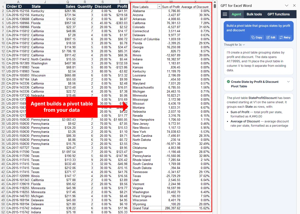 Agent builds a pivot table from spreadsheet data in Microsoft Excel